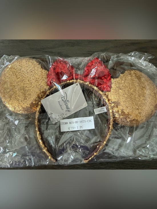 Disney Accessories - Disney Gold Sequin Minnie Ears Headband with Red Bow NWT